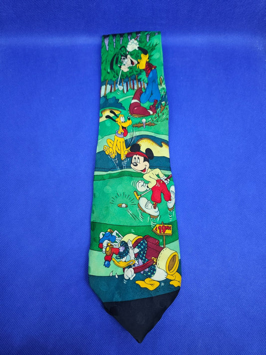 Cravate Disney Store Mickey Donald Dingo Pluto Golf Vintage 100 % Soie0
