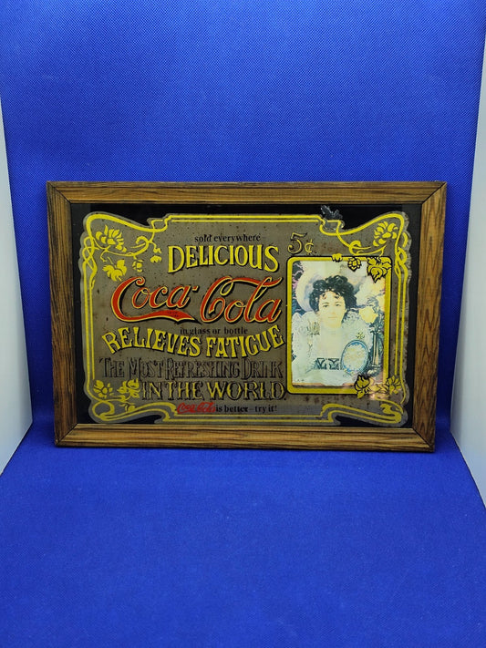 Miroir Coca-Cola Relieves Fatigue 5c Publicité Vintage Cadre Bois Décoration Bis0
