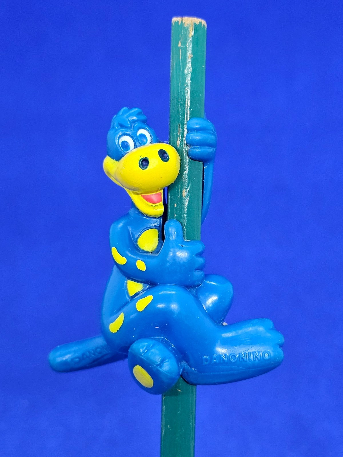Figurine Danonino Dino Bleu Vintage Danone, Tête de Crayon, Années 904