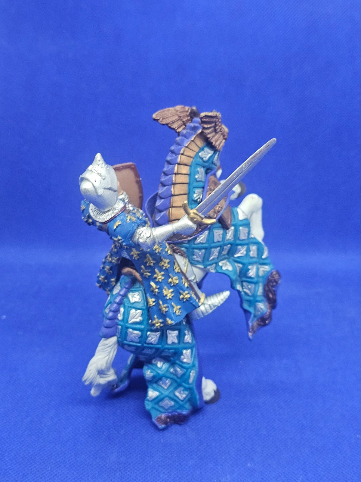 Chevalier Bleu Fleur de Lys et Cheval Licorne Papo Médiéval Lot 2 Figurines2