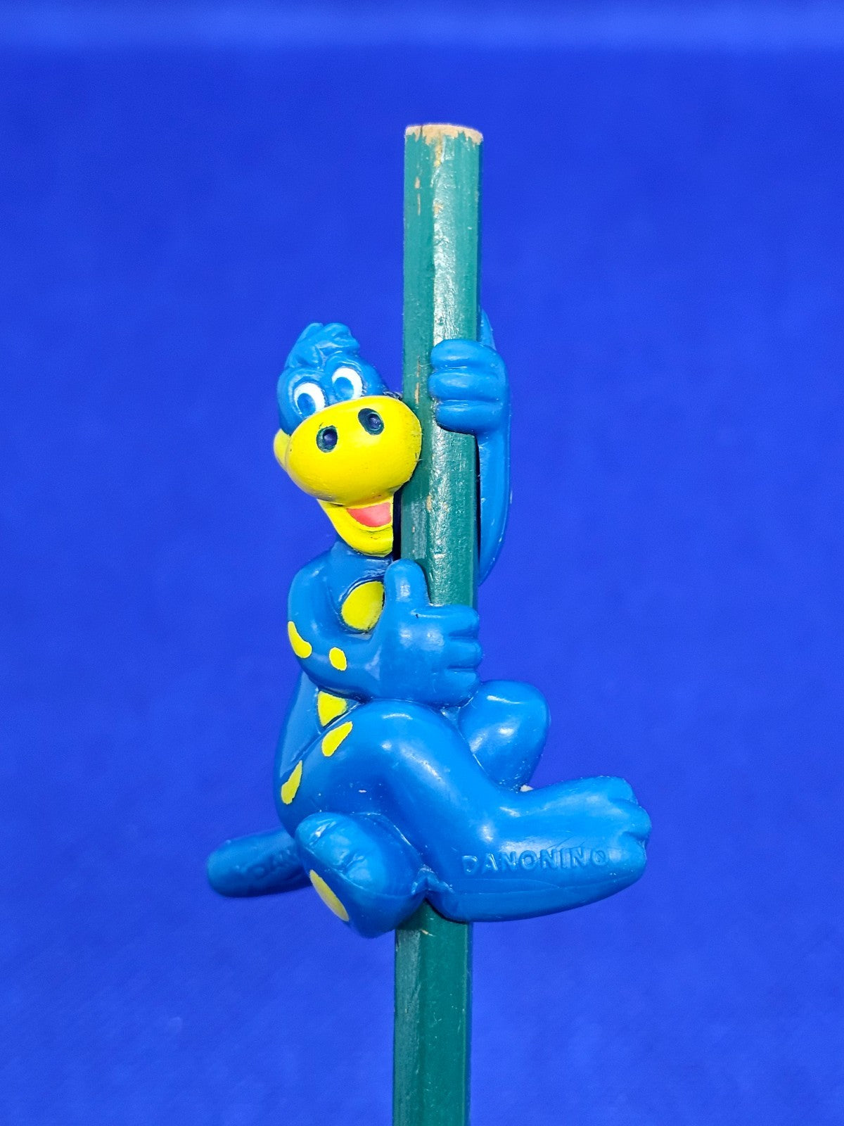 Figurine Danonino Dino Bleu Vintage Danone, Tête de Crayon, Années 906